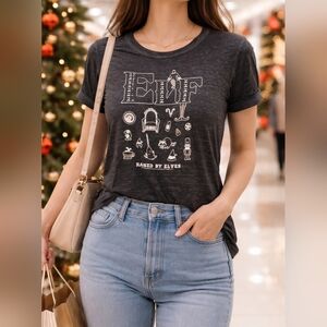 Elf Raised By Elves Black Graphic Tee Shirt L Burnout S/S Casual Christmas Holid